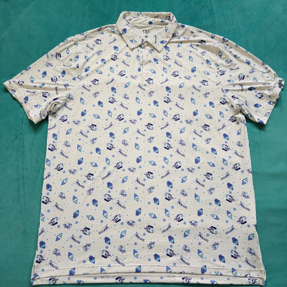 1764 Men's Golf Polo, White Skulls / Skii / Snowboarder Theme, Size 2XL XXL